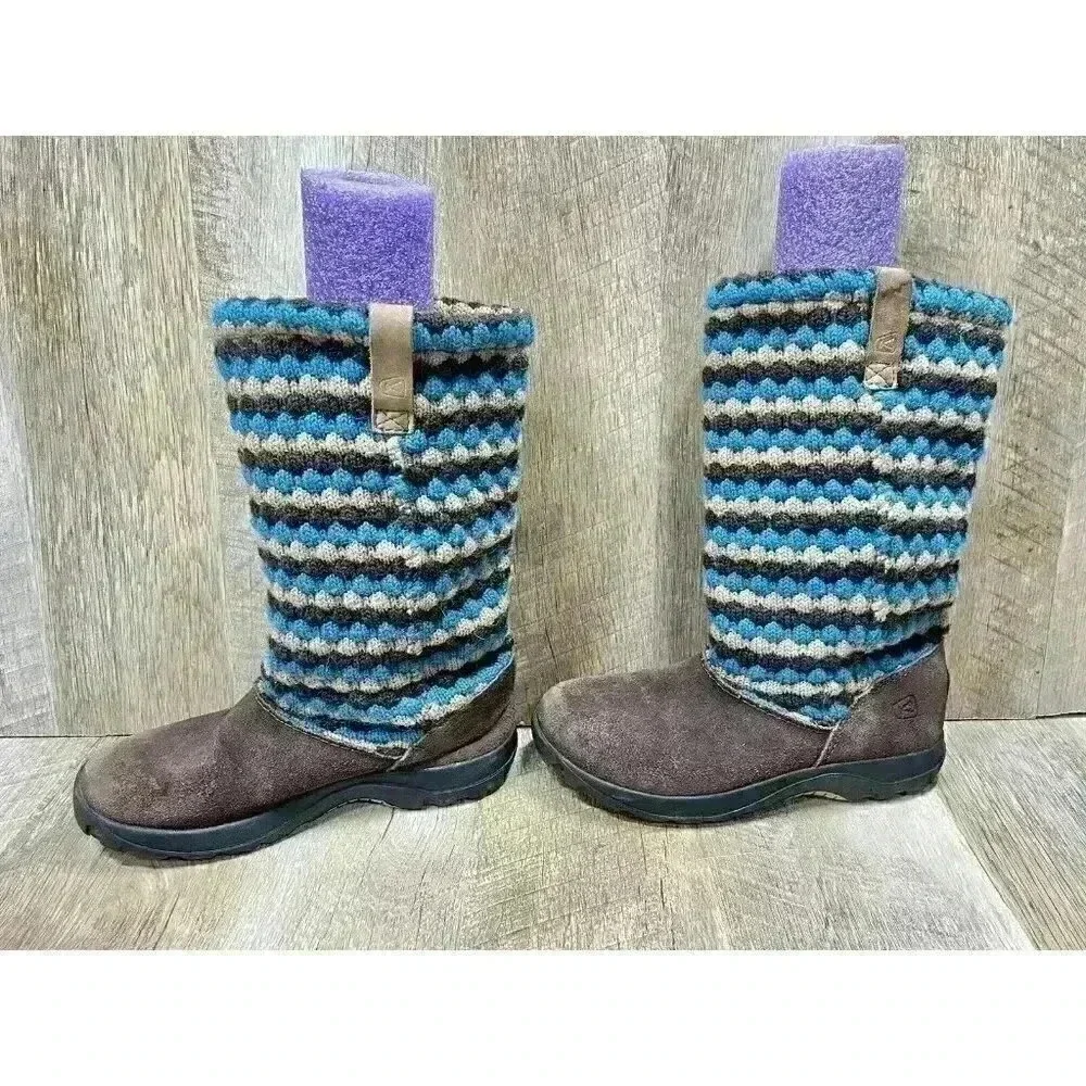 KEEN Girls Youth 3 Auburn Daphne 9641 Brown Suede Knit Winter Calf Boots Fleece